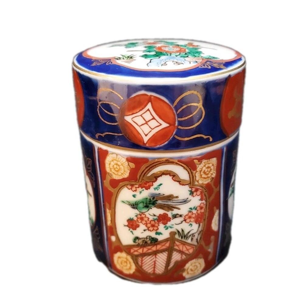 Japanese Imari Lidded Ginger Jar Hand Painted Gold Accents Trinket Tea Vtg Japan